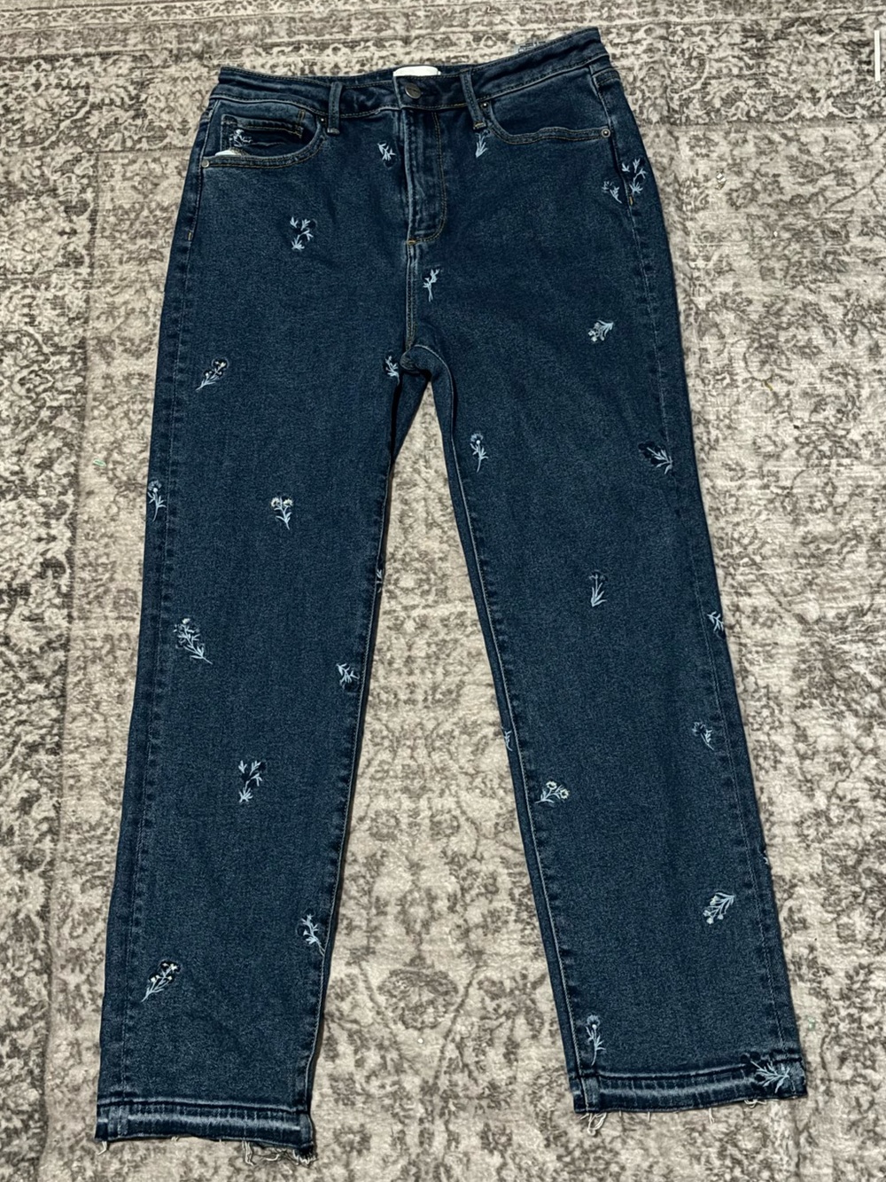 Driftwood Meg High-Rise Straight Crop Jeans 
Dark Blue Embroidered